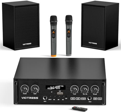 Ricevitori e amplificatore audio domestico all-in-one con altoparlante HiFi professionale e doppi microfoni wireless UHF, set di amplificatori stereo Bluetooth 5.0 per casa/festa/musica, USB/TF/AUX