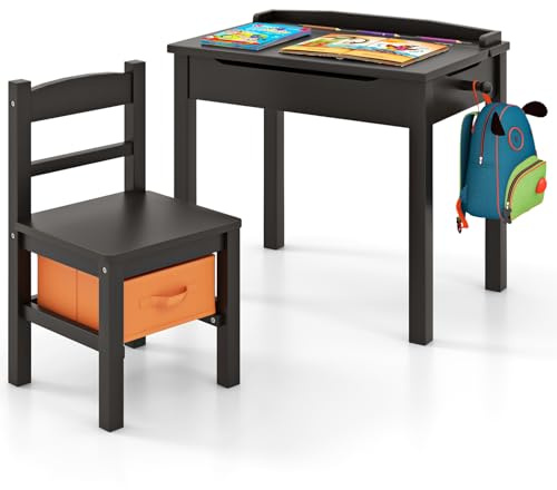 COSTWAY Barnbord med Stol i Massivt Trä – Vikbar Bordsskiva, Låda och Krok, Ergonomiskt Aktivitetsbord med Förvaring för Barn från 3 År (Brun)