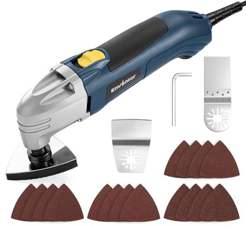 Enventor Outil Multifonction Filaire 200W, 22000 OPM | Angle d'oscillation 3°, Scie Vibrante avec 1 Grattoir, 1 Lame et 16 Papier de Verre pour Découpe, Sculpture et Polissage