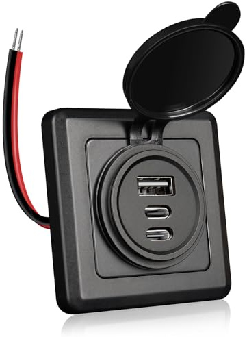 RVSPARK Campervan USB-uttag 12 V, 3-portars aluminium USB-C-laddare, svart, Dubbel USB-C och USB-A, snabbladdning, ytmontering med frontplatta, för husbil, båt, husvagn | Dubbel USB-C och USB-A, snabbladdning, ytmontering med frontplatta, för husbil, båt, husvagn, 1-pack