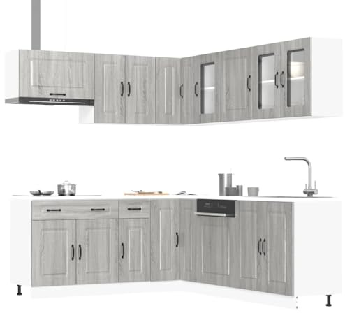 Owoxanthellate Kalmar Lot de 11 kitchenettes en bois Sonoma Gris 80 x 46 cm Solution d'angle avec armoire suspendue Grand espace de rangement robuste et facile d'entretien pour cuisine, salle à manger