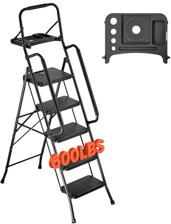 VEVOR 5 Step Ladder, Folding Step Stool with Wide Anti-Slip Pedal, Tool Tray, Dual Side Handrails, 600 lbs Capacity Portable Steel Ladder, Multi-Use for Kitchen, Home, Household and Office, Black