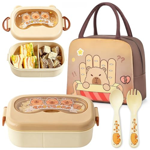 FCXVXCL Capybara Porta Pranzo, Capybara Lunch Box con Borsa Termica, Posate Scatole Bento Schiscetta Pranzo Bambino Snack Box Portatile Portapranzo per Picnic,Campeggio,Fitness,Scuola,Uffici