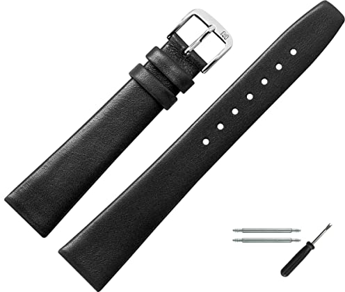 MARBURGER Uhrenarmband 16mm Leder Schwarz Silber Glatt - Montage Set 7101610000120