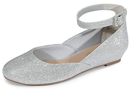 DREAM PAIRS Women's Ballet Flats Pumps Ballerina Ankle Strap Elastic Low Wedge Sandals Round Toe Comfy Dolly Shoes,Size 5,Silver/Glitter,REVONA