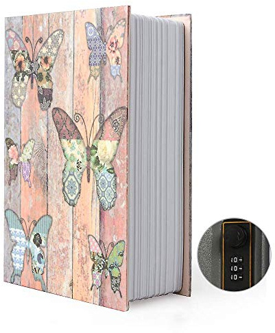 PACOLO Small Diversion Book Safe Storage Box, Metal Can with Security Combination Lock/Key, Hidden Safe (Combination, Butterfly)