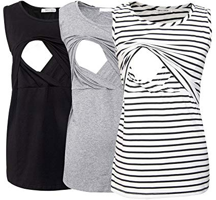 Smallshow Women's Sleeveless Maternity Nursing Clothes Breastfeeding Tank Tops 3-Pack Black-Light Grey-White Stripe L