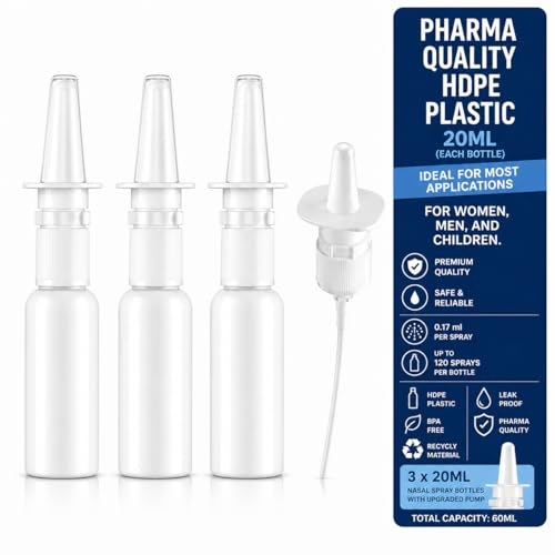 Jully 3-Pack 20ML Unique Mist Nasal Sprayer - Empty Refillable Pump Sprayer for Nose, Medical, Home Remedy, Saline. Improved Modern Design, Sturdy HDPE Plastic, Easy to Use Dosage Mechanism