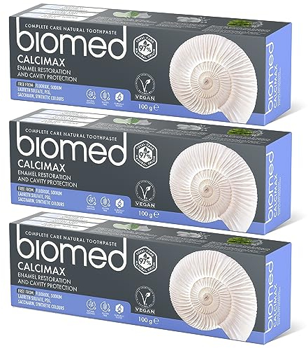 BIOMED – Calcimax Zahnpasta 3 x 100 g, stärkt und stellt den Zahnschmelz wieder her, schützt vor Karies, reinigt sanft, beruhigt Zahnfleisch und Empfindlichkeit, frei von Fluorid, SLS, PEG, Saccharin