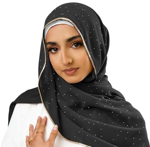Piewag Hijab Scarf for Women Soft Chiffon Rhinestone Long Scarf Shawl Fashion Muslim Hijab Head Wrap Scarves Black