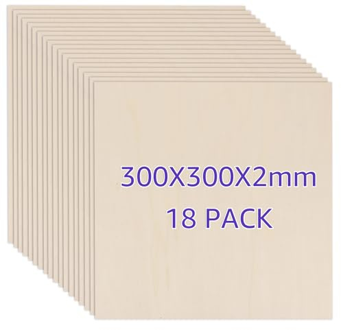 ZOFUN 18 fogli di compensato da 2 mm, 300 x 300 mm, compensato di pioppo, 2 mm, legno non trattato, pannelli in legno di balsa, pannelli di legno per fai da te, progetti laser, incisioni cave