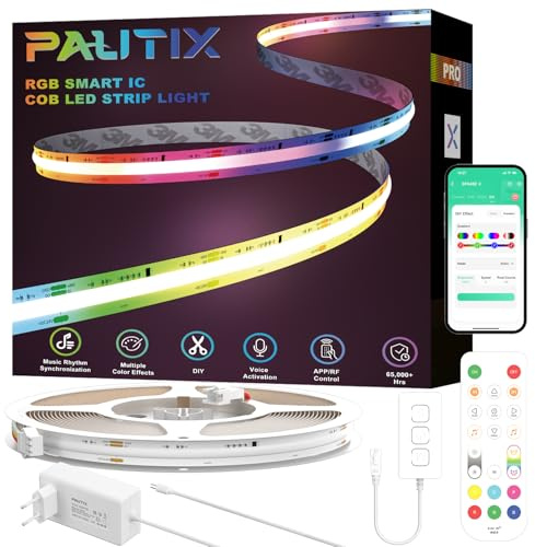 PAUTIX WIFI RGB Smart IC Ruban LED COB 10M Kit, DC24V Pixels à Changement de Couleur Adressable Smart RGB LED Bande Lumineuse améliorée pour Alexa/Google Assistant pour Projets d'Éclairage à Domicile