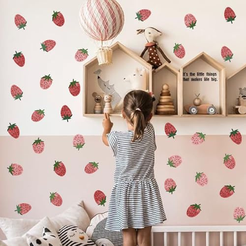 Strawberry Wall Decals Vintage Fruit Wall Stickers Boho Nursery Decals for Wall Retro Strawberries Stickers Removable Cute Strawberry Wall Stickers for Kids Baby Room Nursery Kitchen Decor