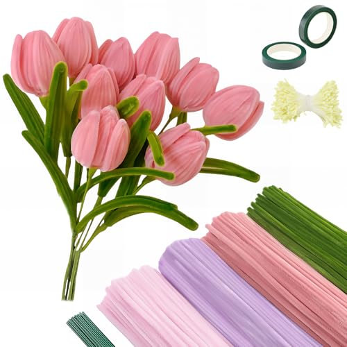 Bugucat Pfeifenreiniger Blumen Set, 400 Stück Pfeifenputzer zum Basteln 4 Farben Pipe Cleaner mit 30 Stück Grünem Basteldraht, Schleifenband & Blumen Staubblatt für DIY Blumenstrauß