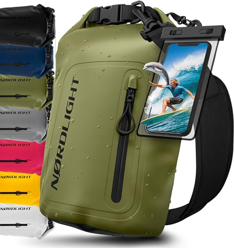 Nordlight Dry Bag wasserdichte Tasche mit Handyhülle + Roll-Top, Schultergurt | Drybag wasserfester Rucksack Beutel Packsack Seesack Wassersack Wetbag | Baden Schwimmen Strand SUP – Olivgrün, 10 Liter