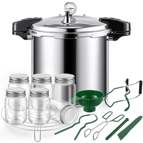 Kritkin 24qt Pressure Cooker with 6 Mason Jars, 6 Canning Supplies with Pressure Panner Stainless Steel Steam Rack Gauge for Canning, Silver