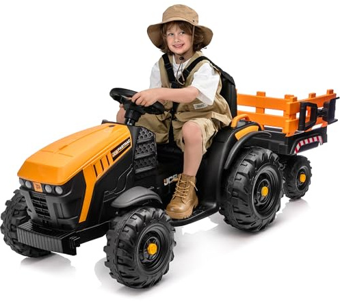Hikiddo Licensed JCB 24V Kids Tractor Ride on Car, 24 Volt Ride on Toy for Big Kids with Trailer, Remote Control, 2x200W Motors - Yellow