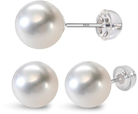 Nacréliser Natural Freshwater Pearl Stud Earrings, 7-8mm White AAA+ Grade, 925 Sterling Silver, Hypoallergenic Push Back Closure, Classic Minimalist Style