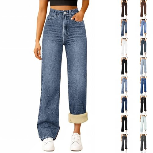 DUHGBNE Jeans Donna Larghi Vita Alta in Pile Jeans Felpati Donna Fodera Interna Morbida con Tasche Comodi Jean Termici Invernali Jean Baggy Wide Leg Fit Pantaloni Diritti e Streetwear