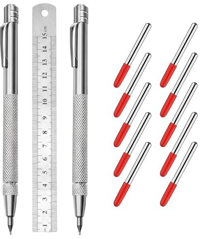 ZXNJA Juego de herramientas de trazar, 2 agujas de trazado de acero de tungsteno, 10 puntas de repuesto y regla de acero de 15 cm y cola magnética, para rascar y grabar metal, vidrio, baldosas de