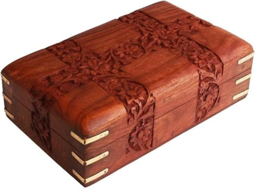 Store Indya - Handmade Wooden Jewellery Box Keepsake Storage Organizer Multipurpose Treasure Chest Trinket Holder for Women Men Girls Hand Carvings Designs (Design 5)