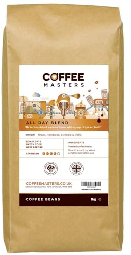 Coffee Masters All Day Blend Espresso Coffee Beans 1kg - Medium Roast for Strong and Full Bodied Drink - Whole Bean, Ideal for Barista Machines