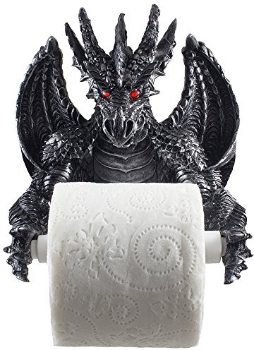 Mythical Winged Dragon Toilet Paper Holder in Metallic Look for Medieval and Gothic Home Decor Bathroom Accessories or Whimsical Fantasy Gifts
