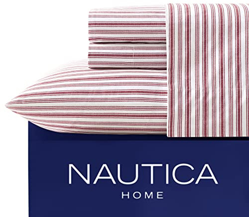 Nautica - King Sheets, Cotton Percale Bedding Set, Casual Home Decor (Coleridge Stripe Red, King)