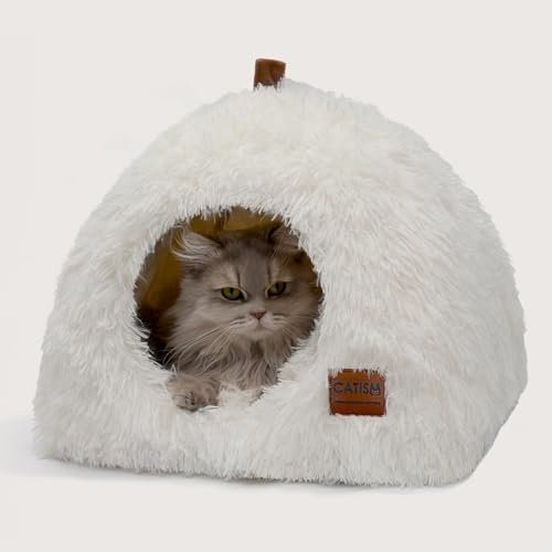 Pet Kennel, Plush Bed for Cats and Small Dogs with Removable Washable Pads, Cat Cushion, Triangular Nesting Box, Large Cat Bed, Catism, Non-Slip, White