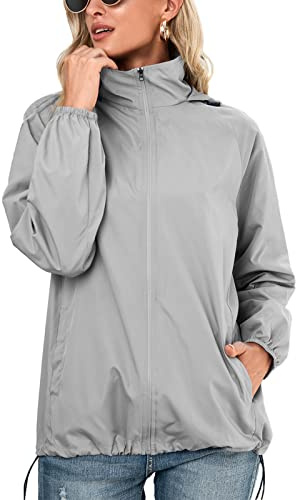 SotRong Chaquetas impermeables para mujer, chaqueta de lluvia plegable, ligera para primavera y verano, de secado rápido, con cremallera, chaqueta con capucha para exterior, gris, XL
