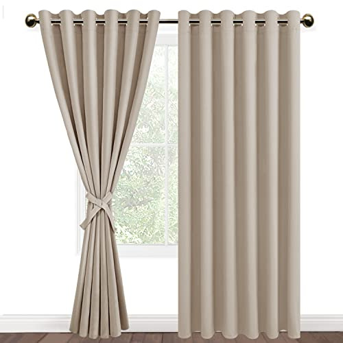 DWCN Beige Blackout Curtains 90 x 90 Inch with Tiebacks for Bedroom Thermal Insulated Solid Eyelet Curtains for Living Room,2 Panels,90 Wide x 90 Drop