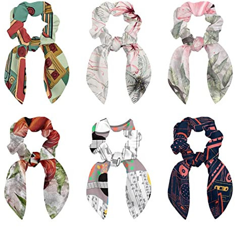 6 Pcs Hair Scrunchies - Flamingo and Tropical Palm Tree Hair Scarf Scrunchy with Ribbon Bow, Elastic Hair Ties Ponytail Holders for Women Teenage Girls