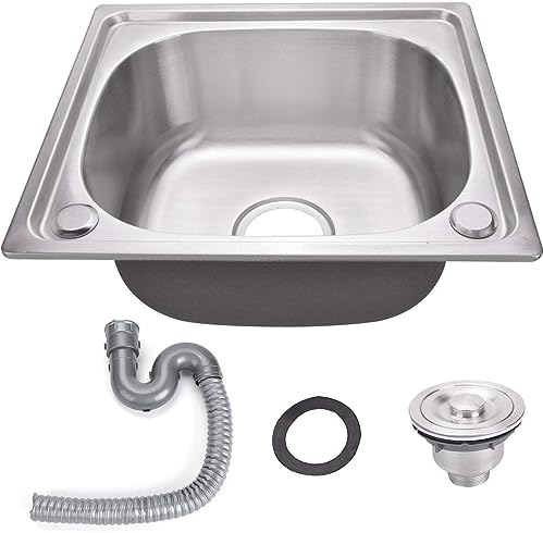 Kitchen Sink Single Bowl Stainless Steel with Strainer & Drainer Waste Plumbing Pipes Undermount Drop-in Installation Inset