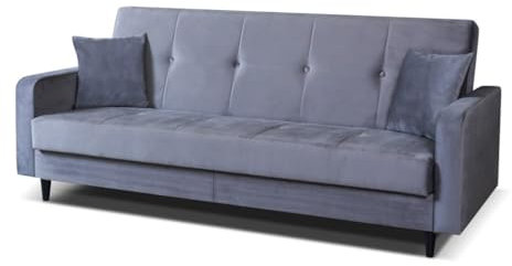Margaret Hadas24 Sofa Luna 3-Sitzer, skandinavisches Sofa, Schlafsofa, Schlaffunktion, Bettkasten, inklusive Dekokissen, Holzfüße, Stauram, Polstersofa für Wohnzimmer 213 cm moderner Stoff Paris, grau