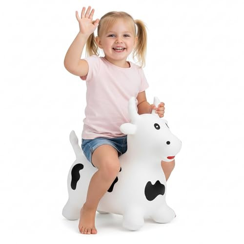 Curvaso Animal Bouncy Hopper with Pump for Kids Inflatable Ride-On Toys Gift, Indoor & Outdoor, White Bull Cow