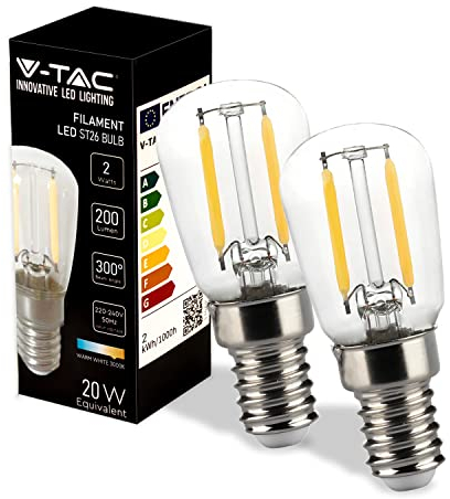 V-TAC Bombilla LED Filamento para Nevera y Lámparas - E14-2W - 200 Lumen - Pequeñas Bombillas LED T26 para Máxima Eficiencia y Ahorro Energético - Blanco Cálido 3000K