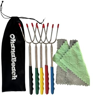 OhanaBeach®Grillspieße Grillgabel5-teiliges Set，teleskopierbar30cm-116cm，Verwendet für Camping, BBQ, Grillparty usw.grillspieße lagerfeuer，stockbrot spieße lagerfeuer ，grillspieße ausziehbar