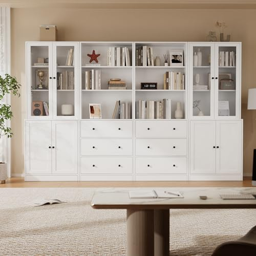 TUSY 71 H Bookshelf with Storage, 6-Tier Modern Bookshelves with 3 Large Drawer, Display Bookcase with Glass Doors, Modern 5-Tier Curio Cabinet for Home Office, Dining Room (White, ABBA)