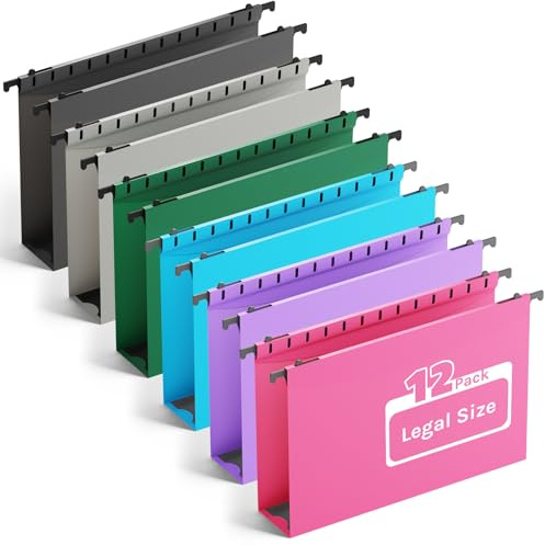 Extra Capacity Legal Size Plastic Hanging File Folders,12 Pack Reinforced Legal Hanging Folder with Heavy Duty 2 Inch Expansion,Filing Cabinet Folder,for Bulky Files, Medical Charts,Assorted Color