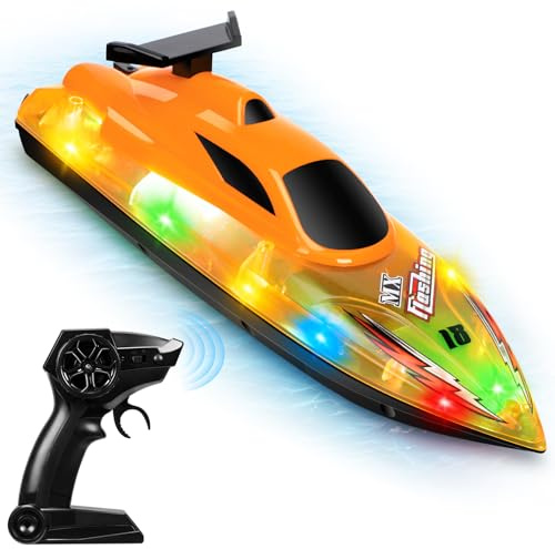 Ferngesteuertes Boot, 2.4 GHz wasserdichtes Hochgeschwindigkeitsboot mit 2 wiederaufladbaren Batterien LED Licht kabelloses elektrisches Schiff Rennboot für Kinder Erwachsene Kinder Außenpool (Yellow)