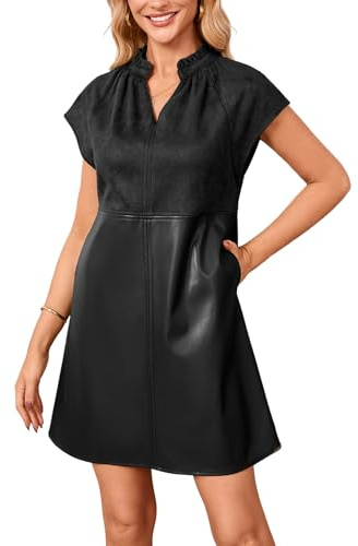 EZAPINE Women’s Faux Suede Mini Dress 2025 Fall Cap Sleeve V-Neck Faux Leather Dress Black M