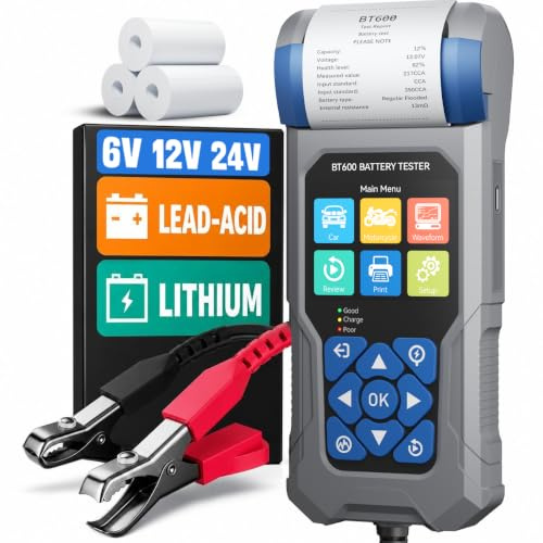 Car Battery Tester with Printer VDIAGTOOL BT600, 6V 12V 24V Automotive Load Tester for Lead-Acid & Lithium, Auto Alternator Starter Charging System Analyzer for Car Truck Motorcycle (3 Paper Rolls)
