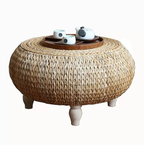 Mesa de centro redonda de ratán tejida a mano, diseño de mimbre rústico, estilo granja, 50 x 50 x 35 cm, decoración del hogar, mesa decorativa de fibra natural, muebles de sala de estar