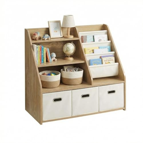 elnure Kinder Bücherregal mit Aufbewahrung – 4‑stufiges Montessori Spielzeugregal aus Holz mit 3 Schubladen & 4 Stoffboxen – Organizer für Kinderzimmer & Spielzimmer