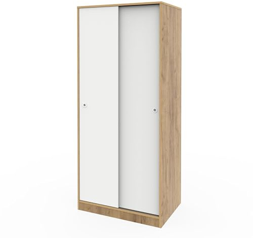Armario Dormitorio Ropero 2 Puertas Correderas, 1 Barra y 1 Estante Tipo altillo, Combinado Roble Kraft y Blanco, 180x74x50cm (Alto x Ancho x Fondo), Mueble Moderno, Modelo Bianca