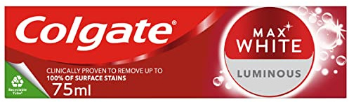 Colgate Max White Luminous Toothpaste 75ml - Teeth whitening Toothpaste - Clinically Proven Formula - Removes up to 100% of Surface Stains - SmartFoam System Cleans All Around Your Teeth