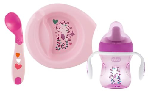 Chicco Set Vajilla Silicona Bebé, Juego Menaje Infantil para Destete con Plato Térmico, Plato Come Fácil, Vaso de Aprendizaje para Bebé y Cuchara de Silicona, Vajilla Infantil 6 Meses+, Rosa