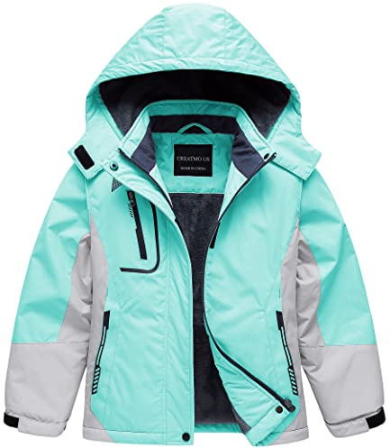 CREATMO US Kids Ski Jacket Snow Coat Girls' Waterproof Warm Winter Fleece Raincoats Green 6-7