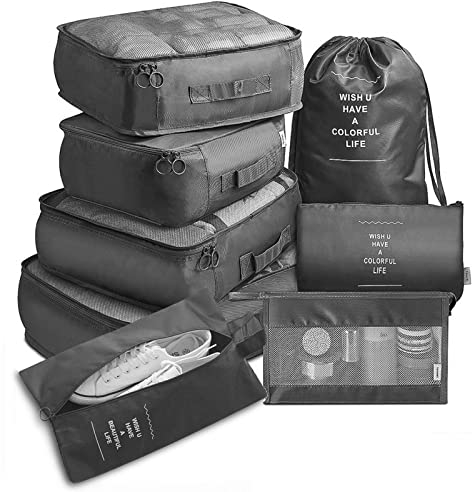 Koffer Organizer Packwürfel Set 8-teilige, Multifunktionale Travel Gep Set Wasserdichte Packtaschen Schuh-Aufbewahrungsbeutel für Urlaub, Reisen (Schwarz)