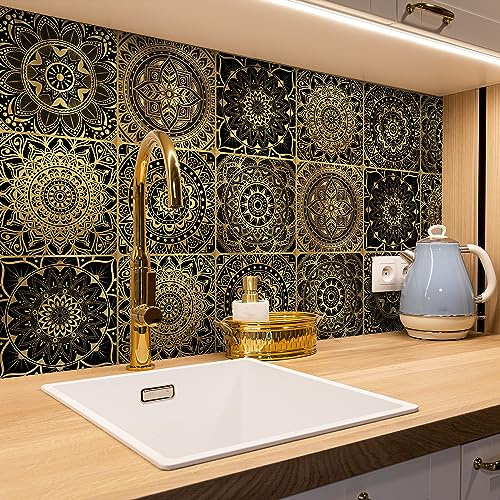 Alwayspon 12PcsX15cm/6inch Mandala Vinyl Wall Tile Sticker Transfer, Waterproof Sticky Back Tile Sticker for Kitchen Bathroom Self-adhesive Peel and Stick PVC Stick on Tile, Black Gold T64